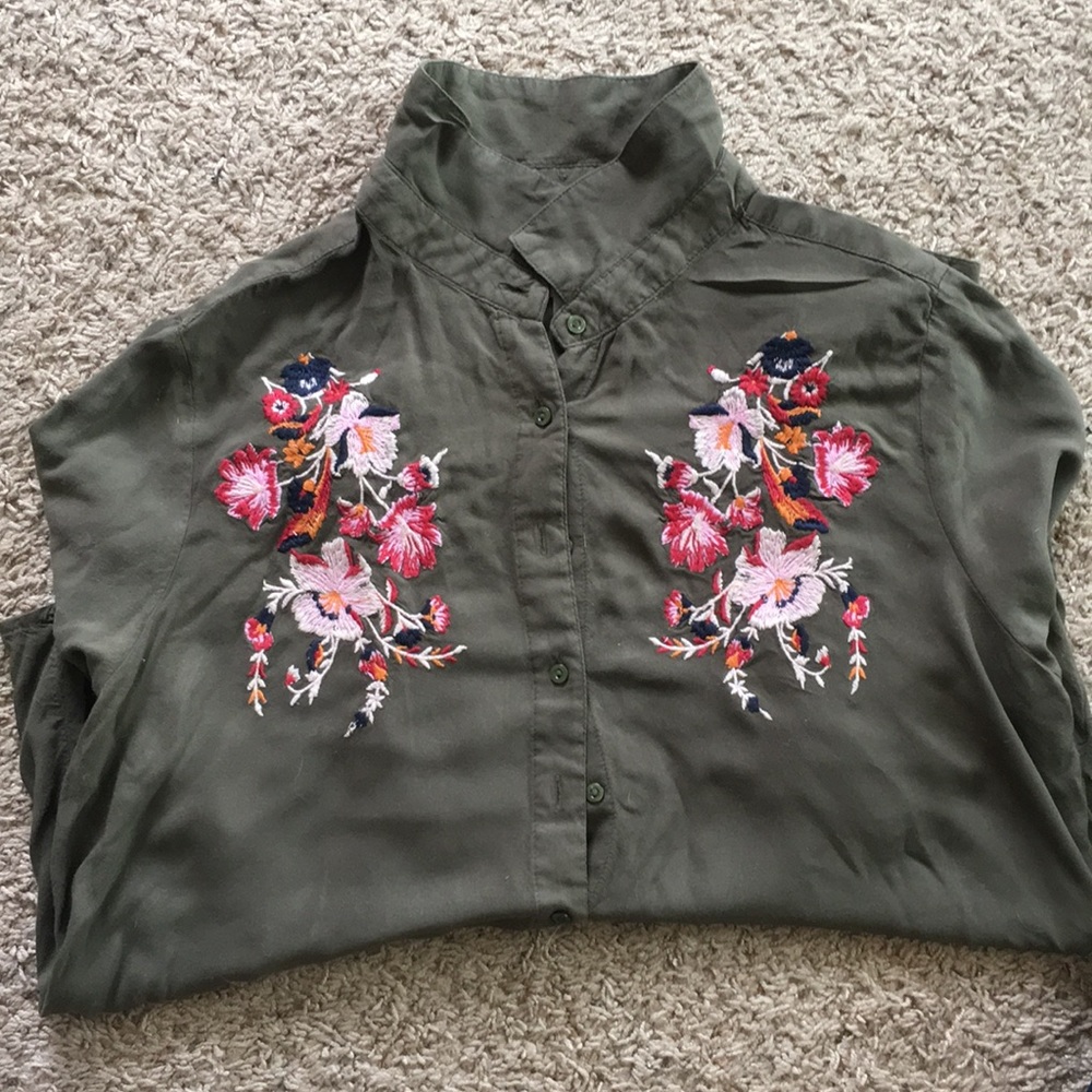 Khaki long sleeve blouse with colorful flowers